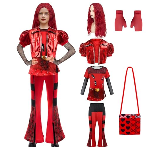 Hengrongshen Red Kostüm von Des-cendants Kostüm Kinder, Des-cendants 4 Kostüm Kinder mit Jacke, Top, Hosen Perücke Rot, Rot Handschuhe, Liebesbeutel für Karneval, Haloween Kostüm Mädchen (110) von Hengrongshen