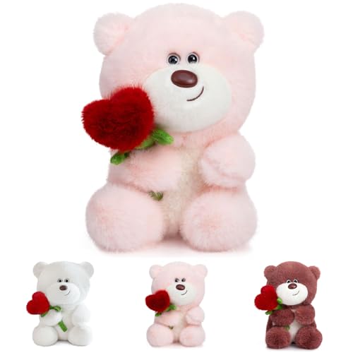 Hengrongshen Valentinstag Teddybär mit Herz, 28cm Teddybär Valentinstag Stofftiere Spielzeug mit Fein Verarbeitetes Nerzstoff-Material, Teddy Bear für Valentinstag Kuscheltier für Freundin (Rosa) von Hengrongshen