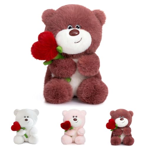 Hengrongshen Valentinstag Teddybär mit Herz, 28cm Teddybär Valentinstag Stofftiere Spielzeug mit Fein Verarbeitetes Nerzstoff-Material, Teddy Bear für Valentinstag Kuscheltier für Freundin (Rosarot) von Hengrongshen