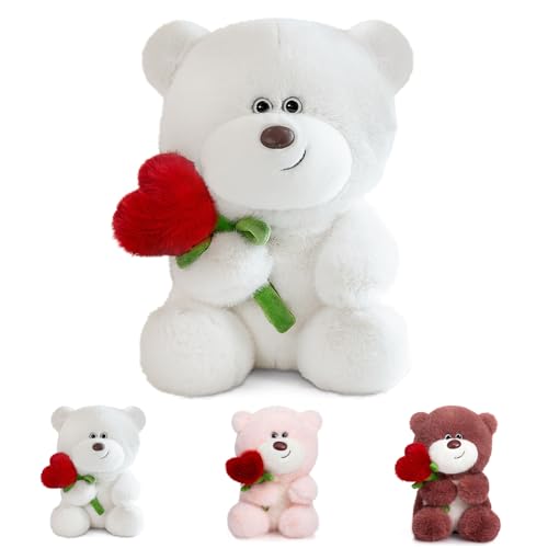 Hengrongshen Valentinstag Teddybär mit Herz, 40cm Teddybär Valentinstag Stofftiere Spielzeug mit Fein Verarbeitetes Nerzstoff-Material, Teddy Bear für Valentinstag Kuscheltier für Freundin (Weiß) von Hengrongshen