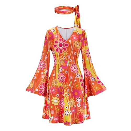 Hengzhifeng Disco Kleid Damen 70er 80er Jahre Hippie Fasching Kostüm (X-Small, Orange) von Hengzhifeng