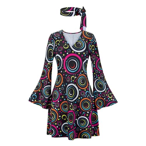 Hengzhifeng Disco Kleid Damen 70er 80er Jahre Hippie Fasching Outfit (X-Small, Schwarz) von Hengzhifeng