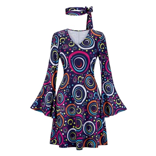 Hengzhifeng Disco Kleid Damen 70er 80er Jahre Hippie Fasching Outfit (XX-Large, Navy Blau) von Hengzhifeng