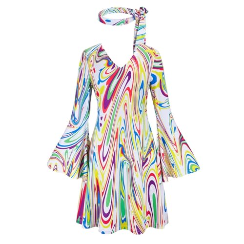 Hengzhifeng Disco Kleid Damen 70er 80er Jahre Hippie Kostüm (X-Small, Weiß) von Hengzhifeng