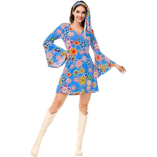 Hengzhifeng Disco Kleid Damen 70er Jahre Hippie Kostüm (Large, Sky Blau) von Hengzhifeng