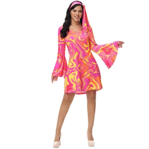 Hengzhifeng Disco Kleid Damen Party Outfit 70er Jahre Hippie Kostüm (Large, Gelb Rose) von Hengzhifeng