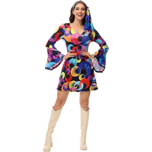 Hengzhifeng Disco Kleid Damen Party Outfit 70er Jahre Hippie Kostüm (Medium, colorful Rings) von Hengzhifeng