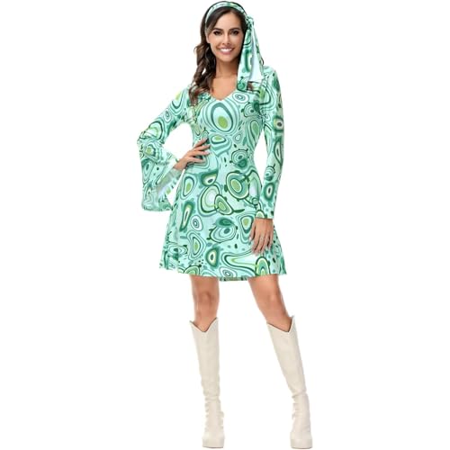 Hengzhifeng Disco Kleid Damen Party Outfit 70er Jahre Hippie Kostüm (Small, Light Grün) von Hengzhifeng
