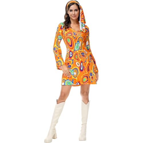 Hengzhifeng Disco Kleid Damen Party Outfit 70er Jahre Hippie Kostüm (Small, Orange) von Hengzhifeng