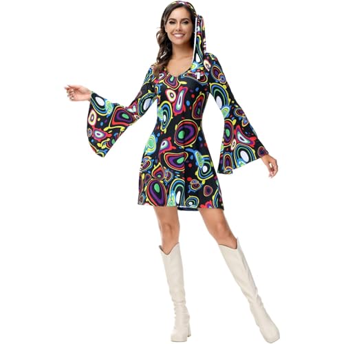 Hengzhifeng Disco Kleid Damen Party Outfit 70er Jahre Hippie Kostüm (X-Small, Schwarz) von Hengzhifeng