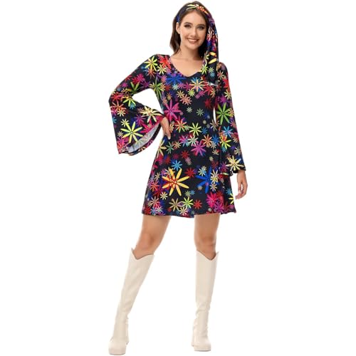 Hengzhifeng Disco Kleid Damen Party Outfit 70er Jahre Hippie Kostüm (X-Small, Schwarz Flower) von Hengzhifeng