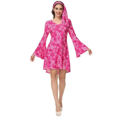 Hengzhifeng Disco Kleid Damen Party Outfit 70er Jahre Hippie Kostüm (X-Small, Star Rosa) von Hengzhifeng