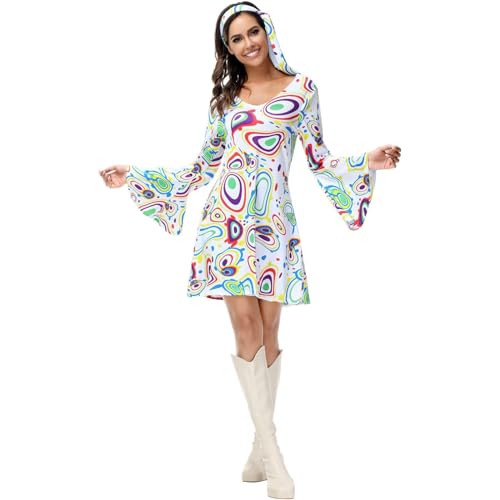 Hengzhifeng Disco Kleid Damen Party Outfit 70er Jahre Hippie Kostüm (X-Small, Weiß) von Hengzhifeng