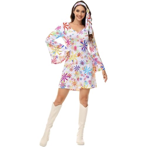Hengzhifeng Disco Kleid Damen Party Outfit 70er Jahre Hippie Kostüm (X-Small, Weiß Flower) von Hengzhifeng