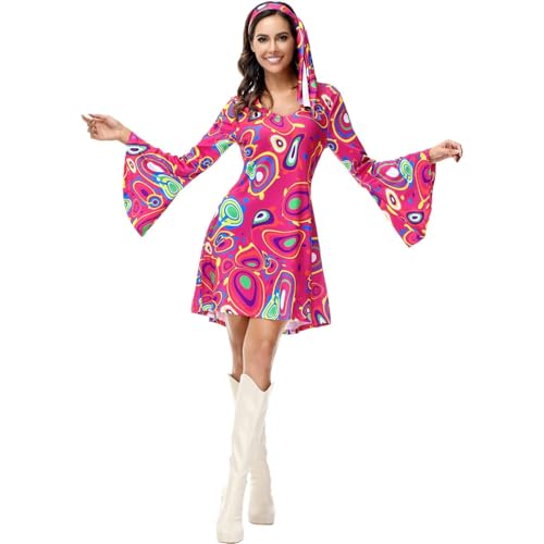 Hengzhifeng Disco Kleid Damen Party Outfit 70er Jahre Hippie Kostüm (XX-Large, Rose) von Hengzhifeng