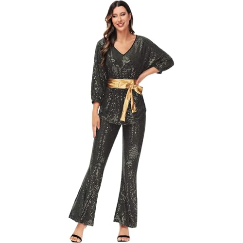 Hengzhifeng Disco Kostüm Damen 70er 80er jahre Fasching Hippie Outfit (3X-Large, Gold) von Hengzhifeng