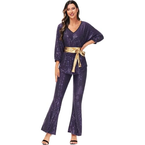 Hengzhifeng Disco Kostüm Damen 70er 80er jahre Fasching Hippie Outfit (3X-Large, Lila) von Hengzhifeng