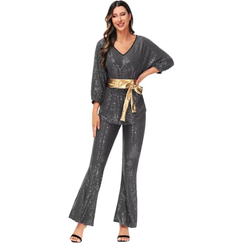 Hengzhifeng Disco Kostüm Damen 70er 80er jahre Fasching Hippie Outfit (3X-Large, Silber) von Hengzhifeng