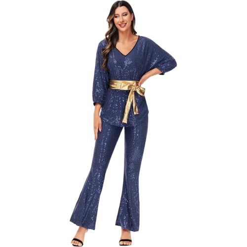 Hengzhifeng Disco Kostüm Damen 70er 80er jahre Fasching Hippie Outfit (X-Large, Blau) von Hengzhifeng