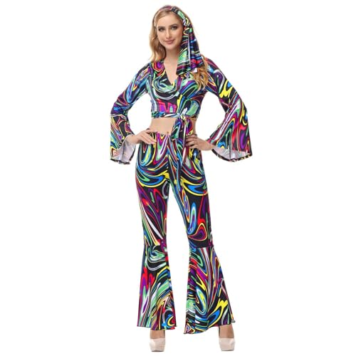 Hengzhifeng Disco Kostüm Damen 70er 80er jahre Halloween Hippie Outfit (Small, Schwarz) von Hengzhifeng