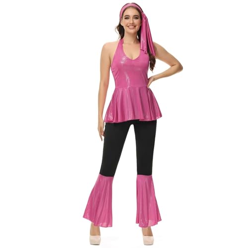 Hengzhifeng Disco Kostüm Damen 70er 80er jahre Sparkly Fasching Hippie Outfit (XX-Large, Rosa) von Hengzhifeng