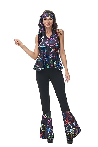 Hengzhifeng Disco Kostüm Damen 70er jahre Fasching Hippie Outfit (XX-Large, Circle Schwarz) von Hengzhifeng