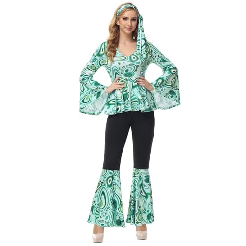 Hengzhifeng Disco Kostüm Damen 70er jahre Fasching Hippie Karneval Outfit (3X-Large, Light Grün) von Hengzhifeng