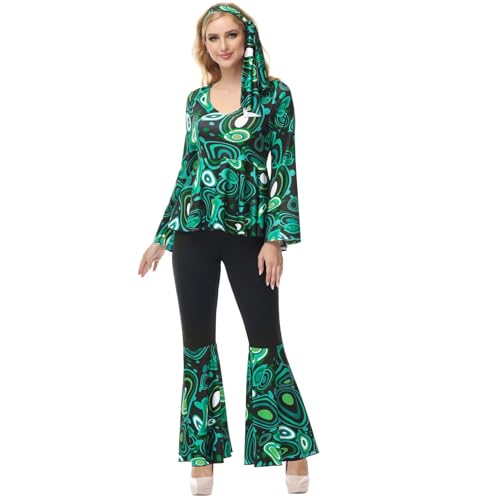 Hengzhifeng Disco Kostüm Damen 70er jahre Fasching Hippie Karneval Outfit (Small, Schwarz Grün) von Hengzhifeng