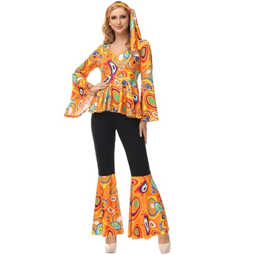 Hengzhifeng Disco Kostüm Damen 70er jahre Fasching Hippie Karneval Outfit (X-Large, Orange) von Hengzhifeng