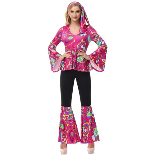 Hengzhifeng Disco Kostüm Damen 70er jahre Fasching Hippie Karneval Outfit (X-Small, Rose) von Hengzhifeng