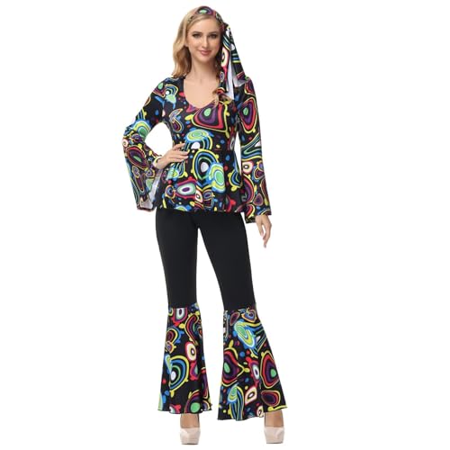 Hengzhifeng Disco Kostüm Damen 70er jahre Fasching Hippie Karneval Outfit (XX-Large, Schwarz) von Hengzhifeng