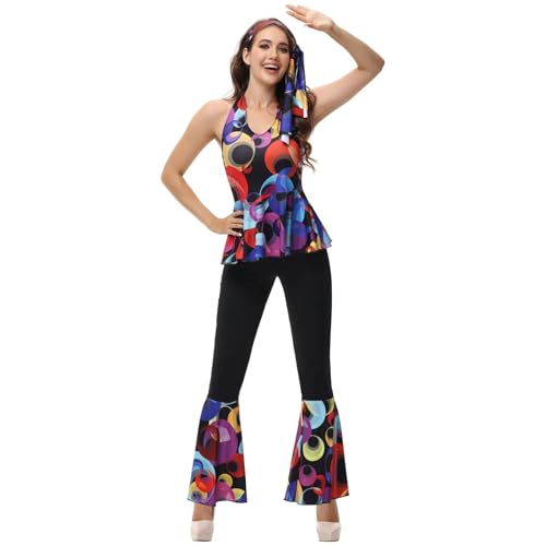 Hengzhifeng Disco Kostüm Damen 70er jahre Fasching Hippie Outfit (Medium, colorful Ring) von Hengzhifeng
