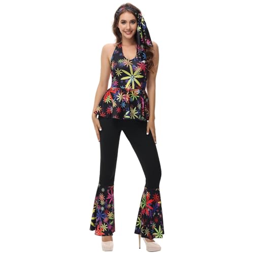 Hengzhifeng Disco Kostüm Damen 70er jahre Fasching Hippie Outfit (Small, Schwarz Flower) von Hengzhifeng