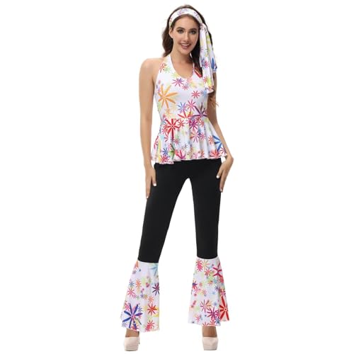 Hengzhifeng Disco Kostüm Damen 70er jahre Fasching Hippie Outfit (X-Small, Weiß Flower) von Hengzhifeng