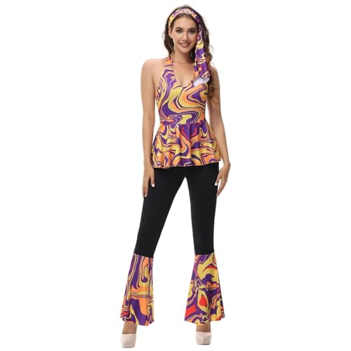 Hengzhifeng Disco Kostüm Damen 70er jahre Fasching Hippie Outfit (XX-Large, Gelb Lila) von Hengzhifeng