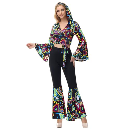 Hengzhifeng Disco Kostüm Damen 70er jahre Halloween Hippie Outfit (3X-Large, Schwarz) von Hengzhifeng