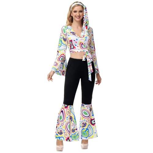 Hengzhifeng Disco Kostüm Damen 70er jahre Halloween Hippie Outfit (X-Small, Weiß) von Hengzhifeng