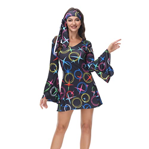 Hengzhifeng Disco Kostüm Damen 70er jahre Kleid Fasching Hippie Kostüm Karneval (X-Small, Circle Schwarz) von Hengzhifeng