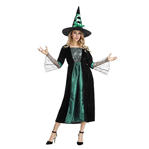 Hengzhifeng Hexe Kostüm Damen Witcher Halloween Fasching Karnevalskostüm (Large, Grün) von Hengzhifeng