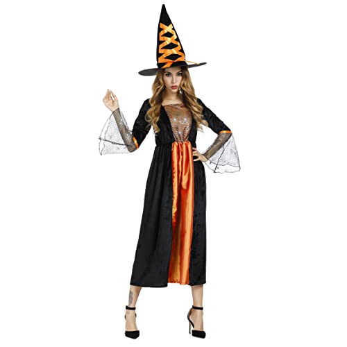 Hengzhifeng Hexe Kostüm Damen Witcher Halloween Fasching Karnevalskostüm (Medium, Orange) von Hengzhifeng