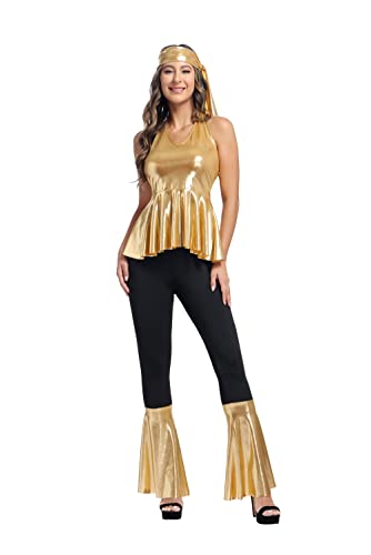 Hengzhifeng Kostüm Disco Damen 70er jahre Bekleidung Fasching Hippie Kostüm Karneval (3X-Large, Gold) von Hengzhifeng