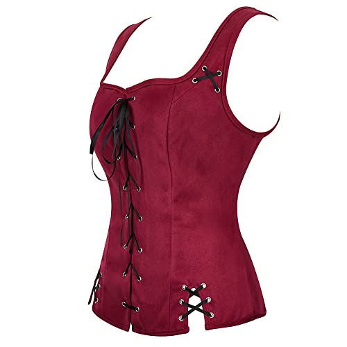 Hengzhifeng Pirate Weste Damen Renaissance Costume Karneval Steampunk wikinger Kostüm (EU 26-28,Weinrot) von Hengzhifeng