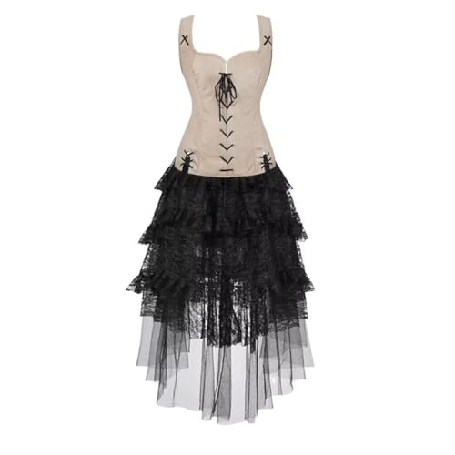 Hengzhifeng Pirate Weste Damen mit Steampunk Spitzenrock Gothic Renaissance Costume Karneval Piratenkostüm (EUR 26-28,Beige) von Hengzhifeng