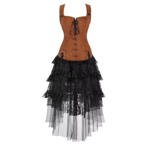 Hengzhifeng Pirate Weste Damen mit Steampunk Spitzenrock Gothic Renaissance Costume Karneval Piratenkostüm (EUR 26-28,Braun) von Hengzhifeng