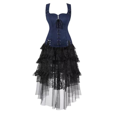 Hengzhifeng Pirate Weste Damen mit Steampunk Spitzenrock Gothic Renaissance Costume Karneval Piratenkostüm (EUR 26-28,Dunkeblau) von Hengzhifeng