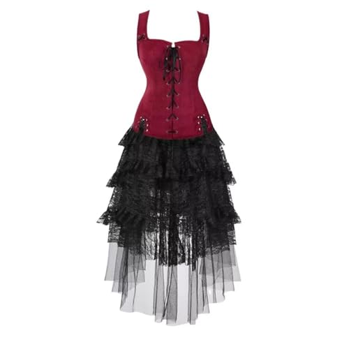 Hengzhifeng Pirate Weste Damen mit Steampunk Spitzenrock Gothic Renaissance Costume Karneval Piratenkostüm (EUR 26-28,Weinrot) von Hengzhifeng