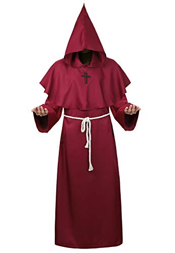 Hengzhifeng Priester Robe Herren Mönchskutte Mittelalter Renaissance Kostüm Halloween Cosplay Faschingskostüme (Medium, Rot) von Hengzhifeng