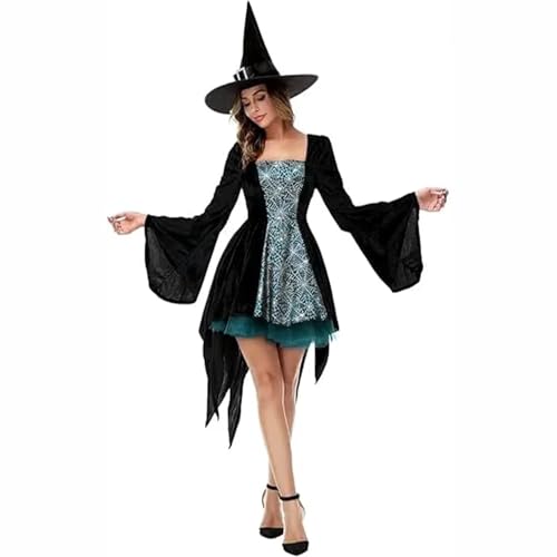 Hengzhifeng Spinnen Hexe Minikleid Damen Witcher Halloween Fasching Karneval Kostüm (Medium, Grün) von Hengzhifeng