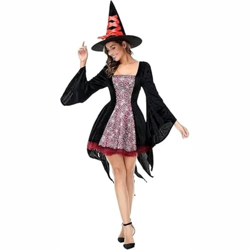 Hengzhifeng Spinnen Hexe Minikleid Damen Witcher Halloween Fasching Karneval Kostüm (X-Large, Rot) von Hengzhifeng