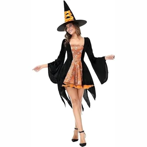 Hengzhifeng Spinnen Hexe Minikleid Damen Witcher Halloween Fasching Karneval Kostüm (X-Large, orange) von Hengzhifeng